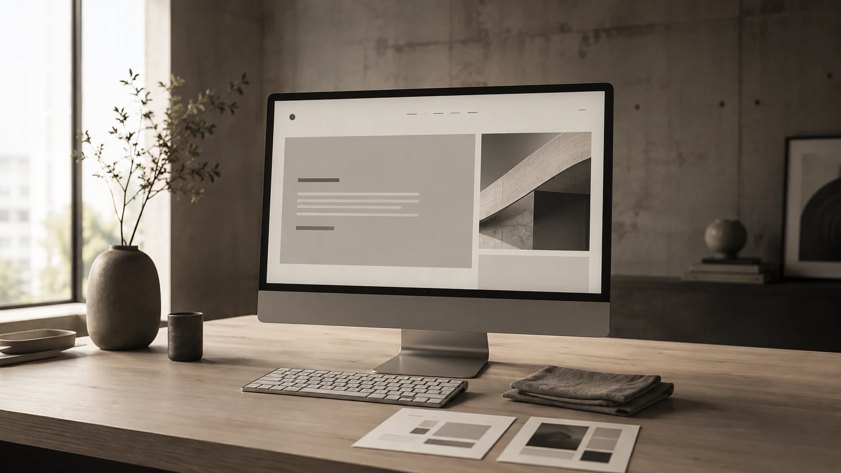 A designed website interface framed on a display in a quiet architectural workspace