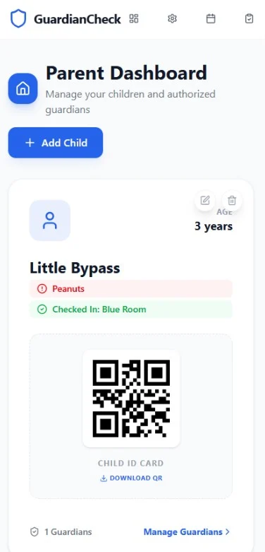 Parent dashboard on mobile showing a child profile, allergy alert, room status and downloadable QR identity card