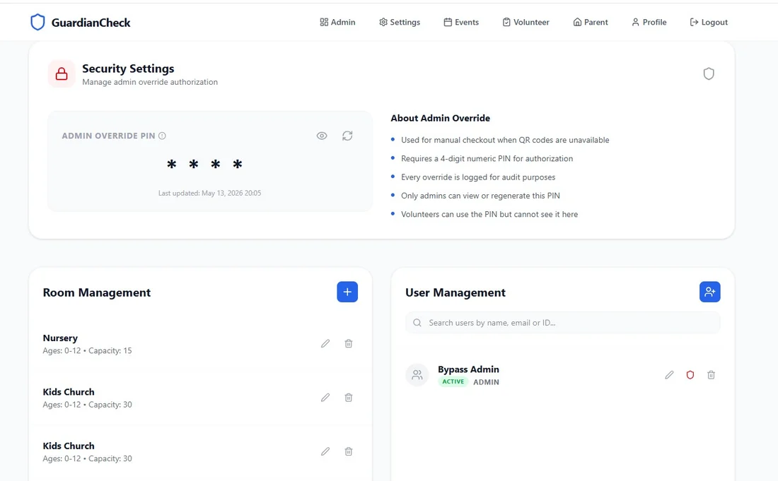 Security settings with a masked admin override PIN, alongside room and user management