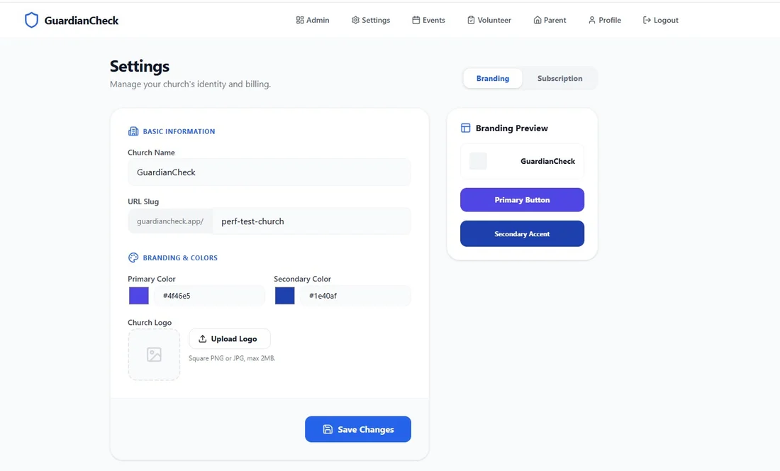 Church settings for branding, colours, logo and subscription