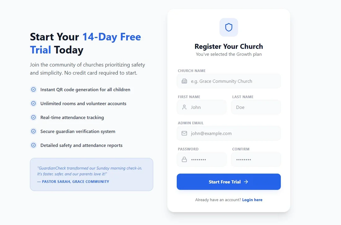 Church registration screen for starting a free trial